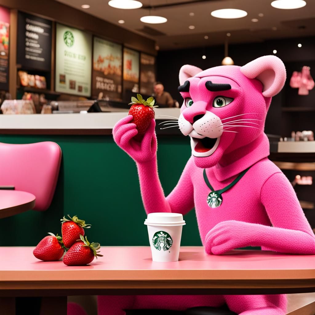 Pink Panther at Pink Starbucks Eating Strawberries