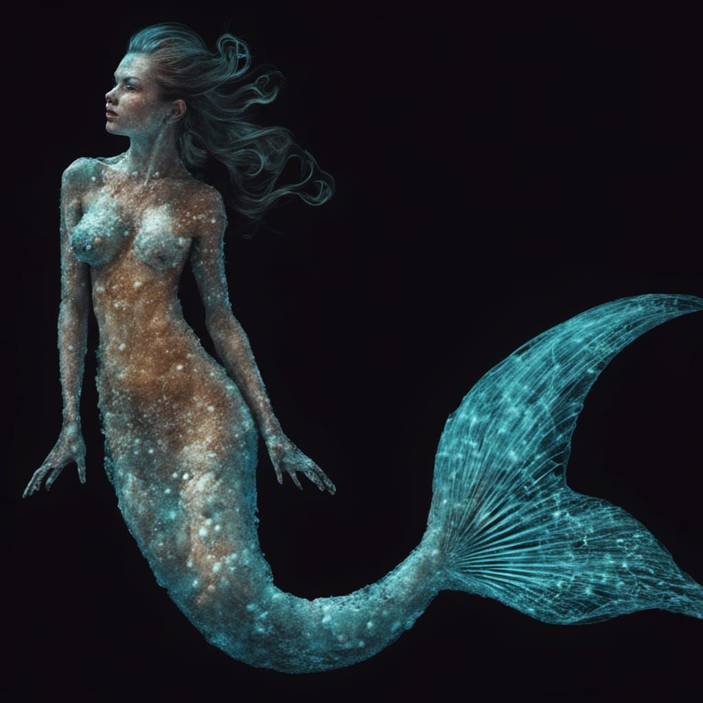 Holographic Mermaid Made of Fractal Fish, Photorealistic