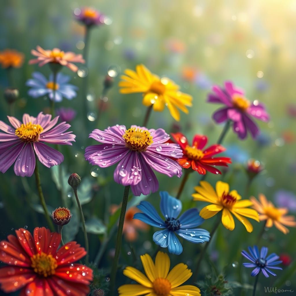 Vibrant Dew-Kissed Wildflowers in Impressionist Style