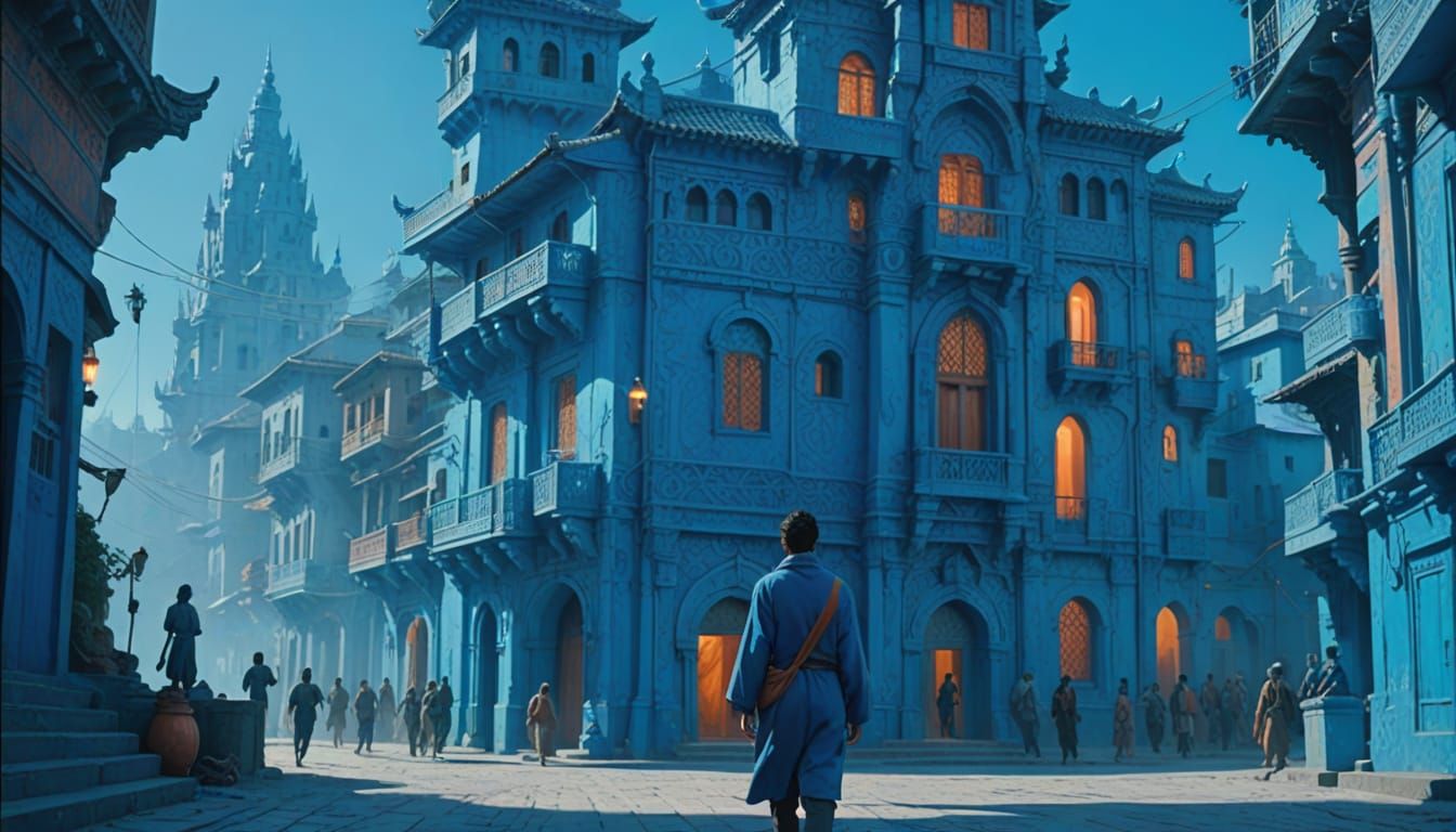 Person Walks in Vibrant Blue City Concept Art