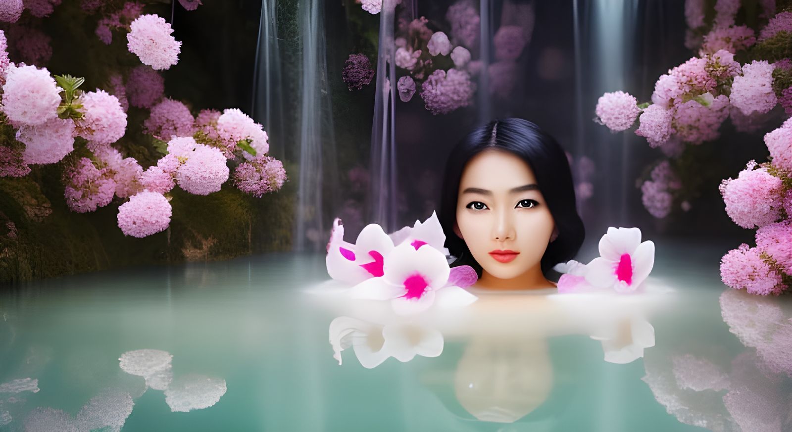 Asian Girl in Milk Bath with Blossoms