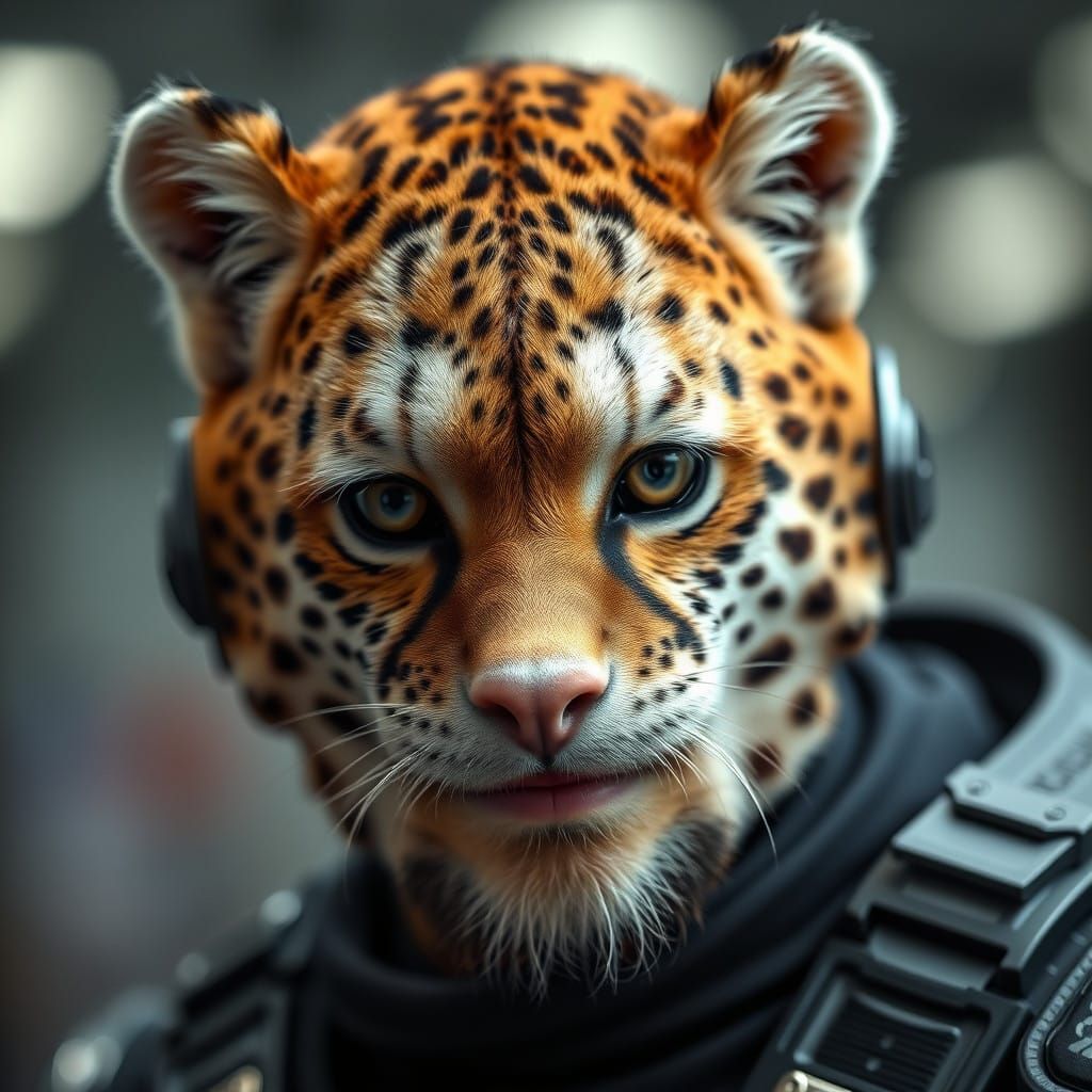 A Close-Up Portrait of a Man with a Cheeta Head in Space Arm...