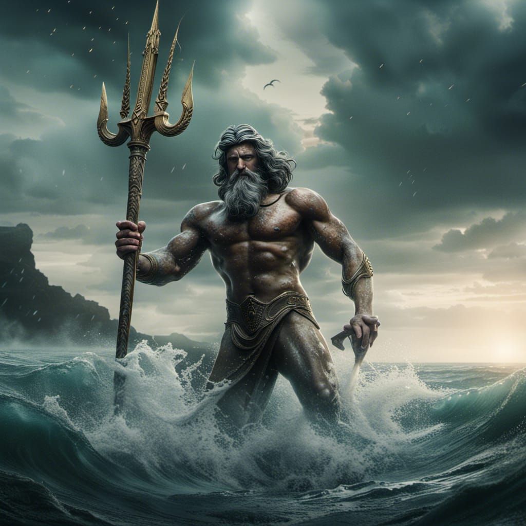 Epic Poseidon with Trident Digital Matte Painting