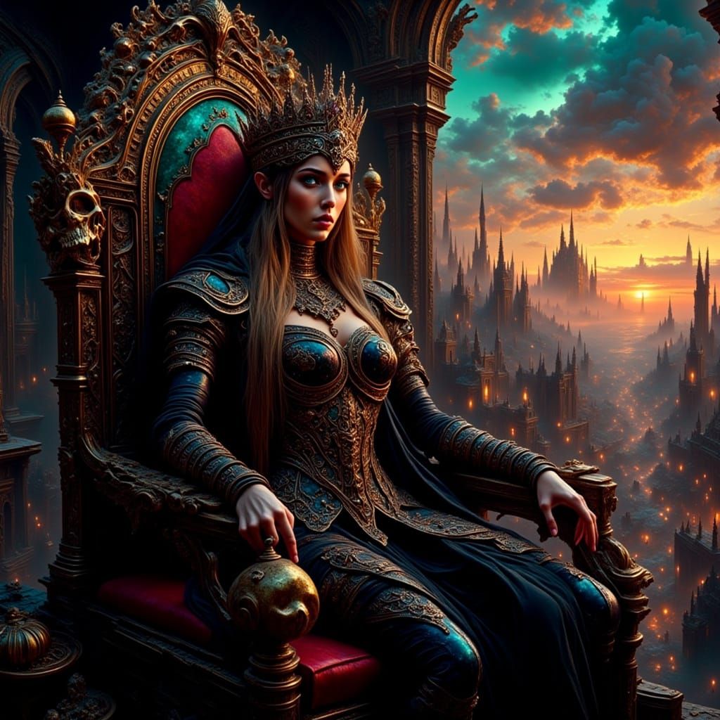 Gothic Queen on Throne in Castle at Sunset