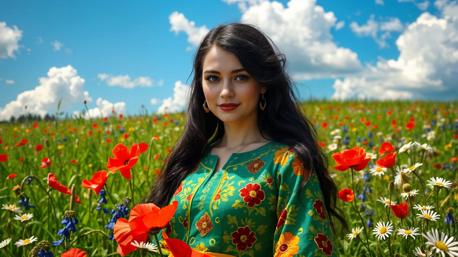 Elegant European Celtic Woman in Vibrant Floral Field