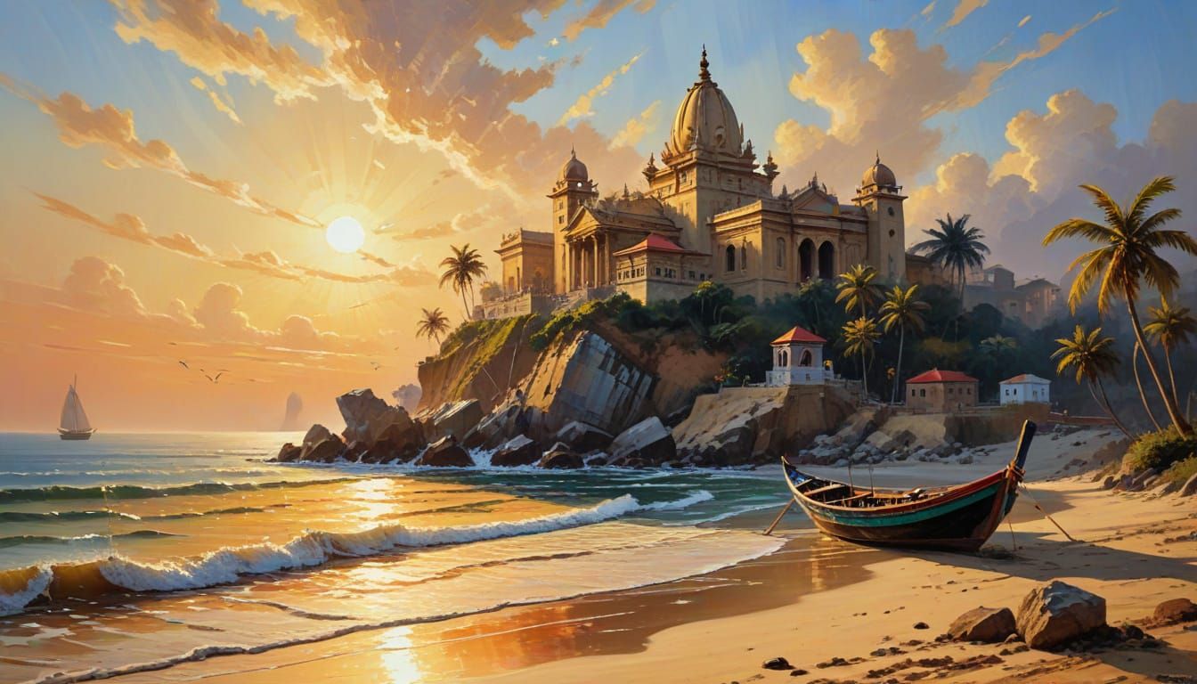 Vibrant Beach Scene with Indian Temple in Gouache Style