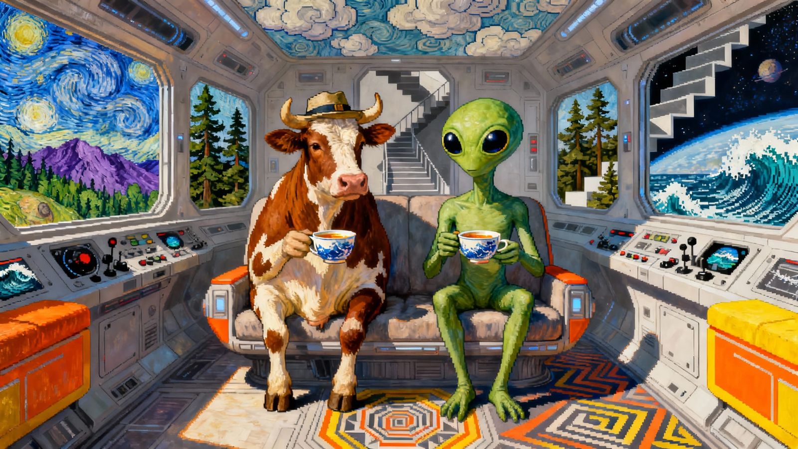 Cow and Alien Enjoy Tea on Spaceship in Vibrant Style