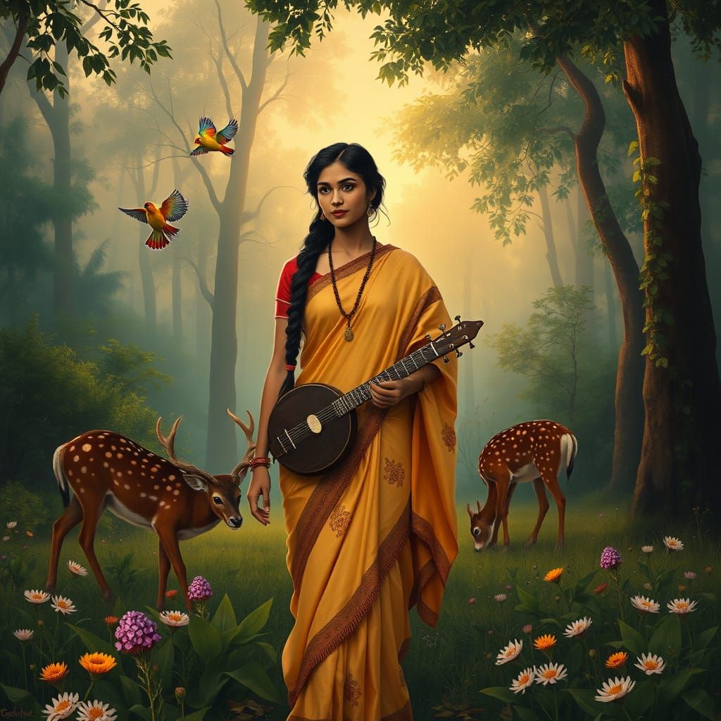 Indian Woman in Serene Forest Setting