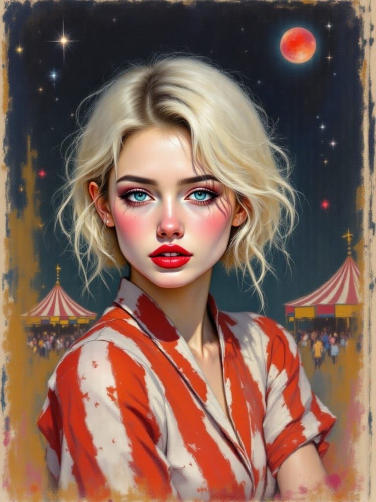 Striking Woman with Red Lips in Surreal Starry Scene