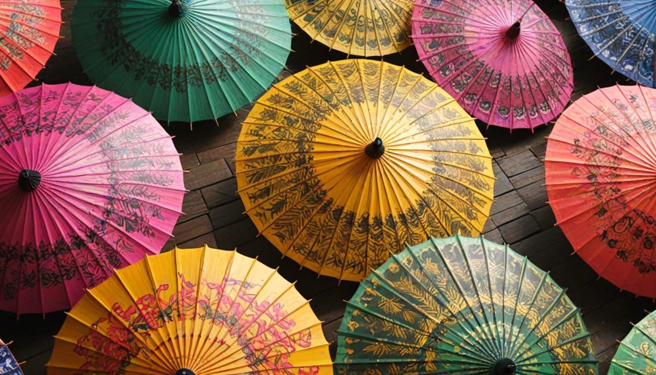 Vibrant Thai Umbrellas in Intricate Asian Patterns