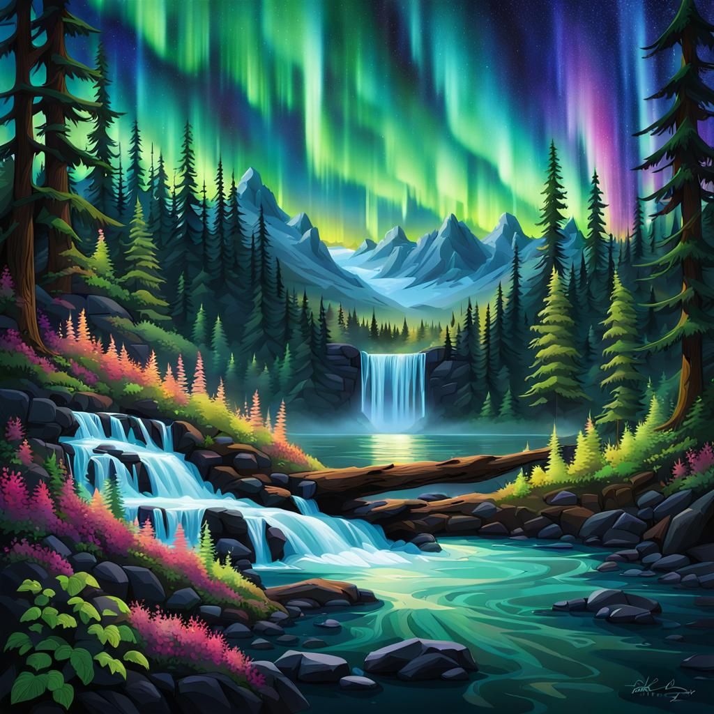 Aurora Cascading Over Forest at Twilight