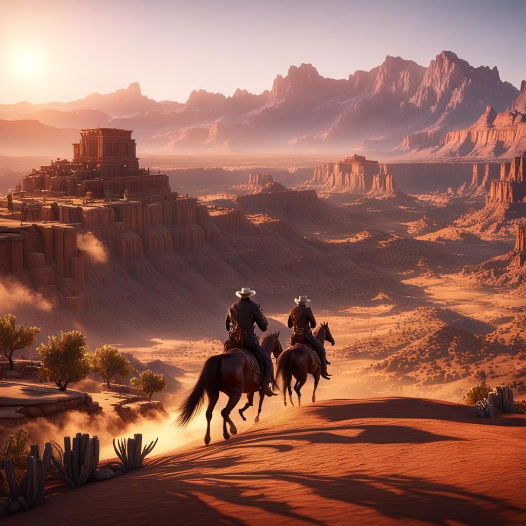 Duel wild west cowboys, sunset