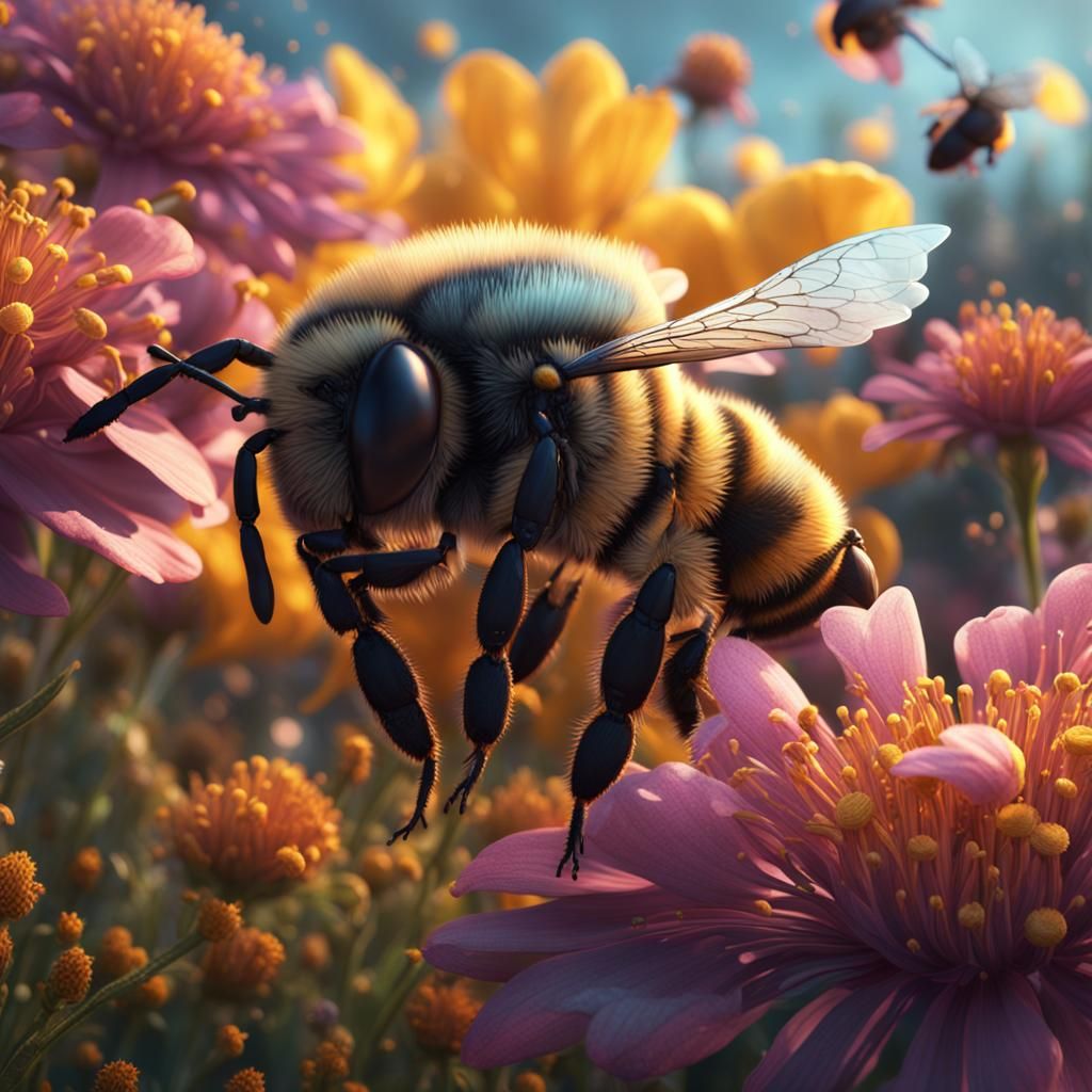 Bees Flying Around Flowers in Detailed Matte Painting