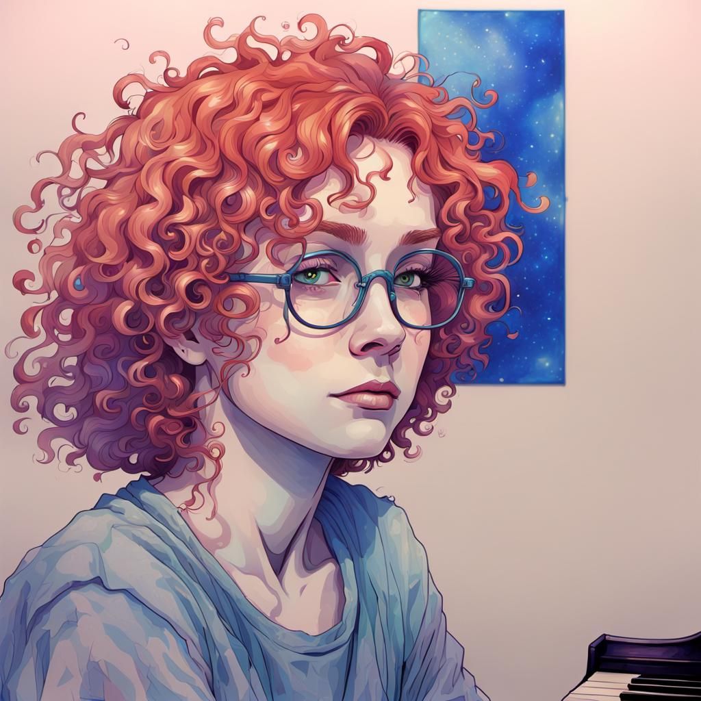 Redhead Woman in Psychedelic Music Creation, Digital Art