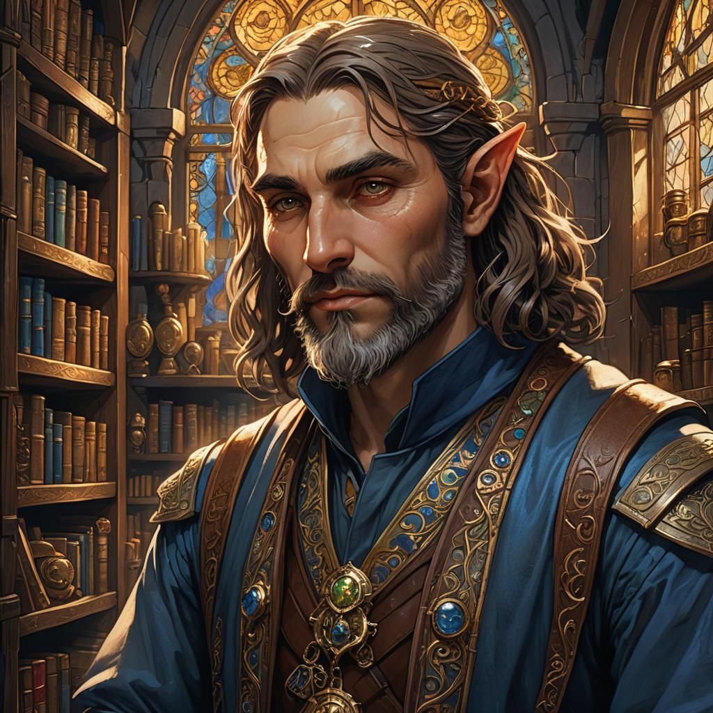 Half-Elf Shopkeeper Portrait in Fantasy Realism
