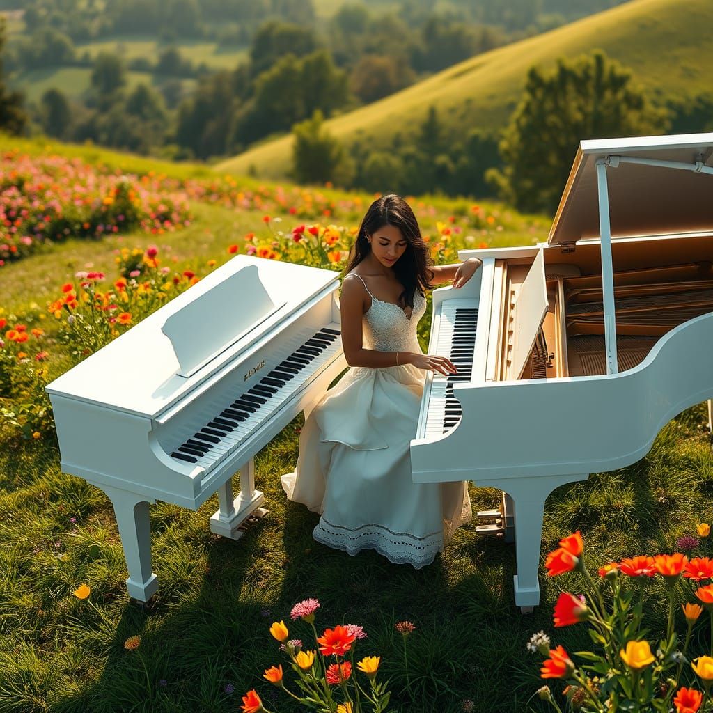 Elegant Woman Plays Piano on Summer Hillside in Hyperrealist...