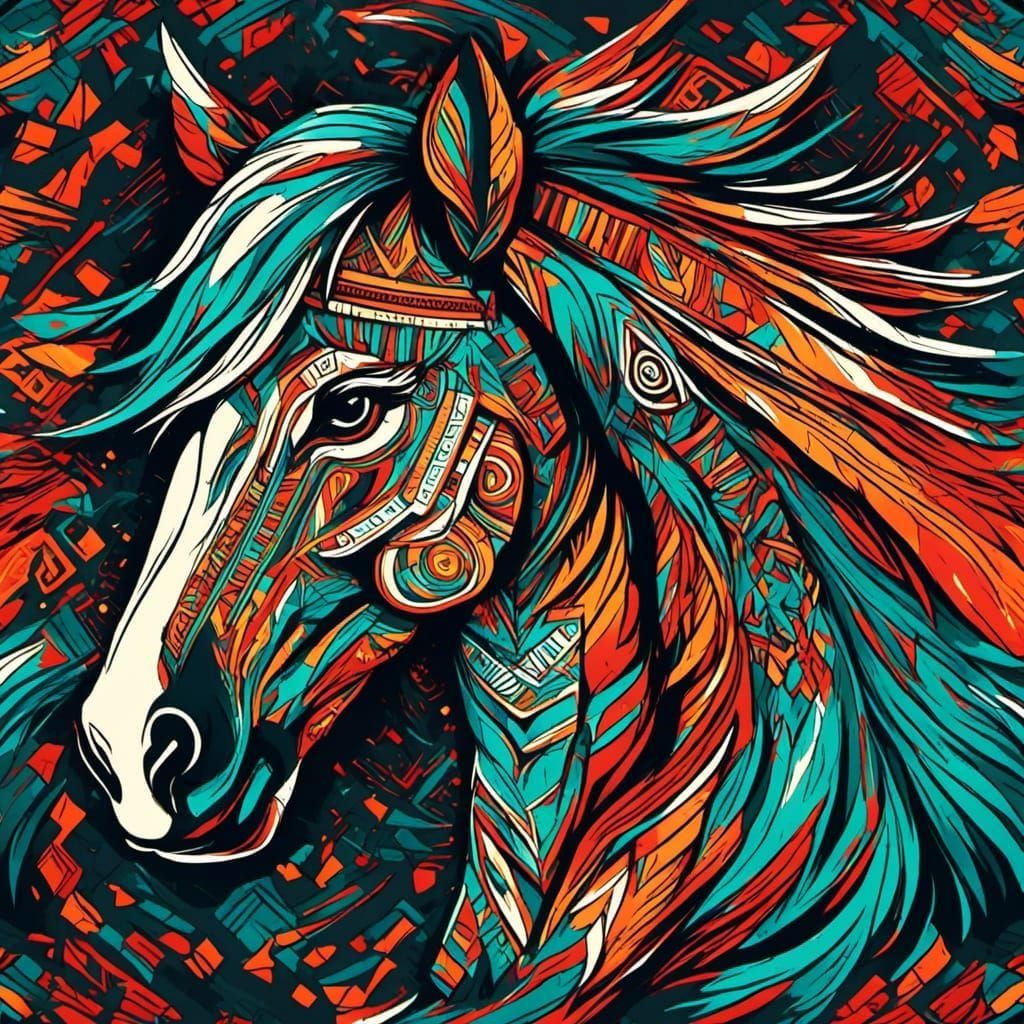 Wild Horse with Aztec Screen Print Background
