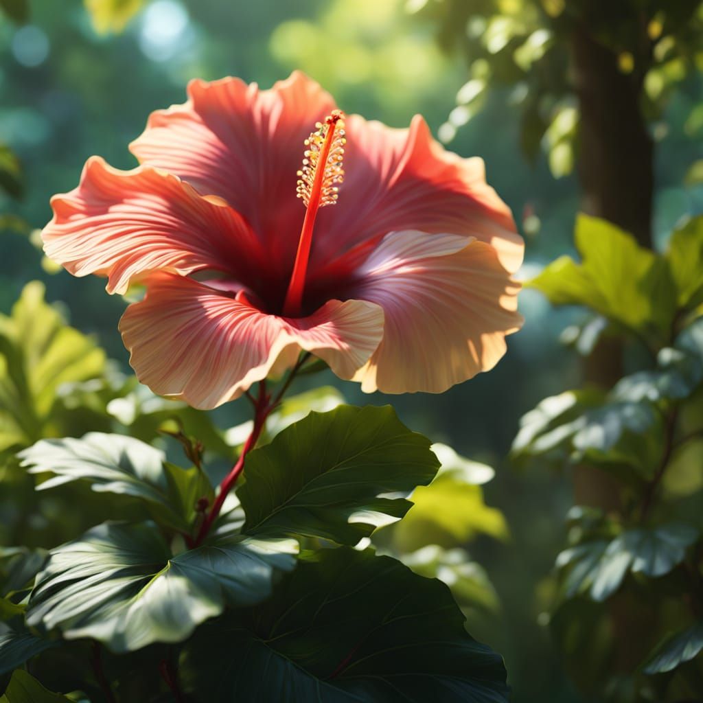 Hyperrealistic Hibiscus Flower in Blurred Garden