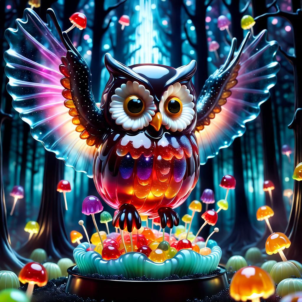 Jelly Owl in a Spooky Candy Forest