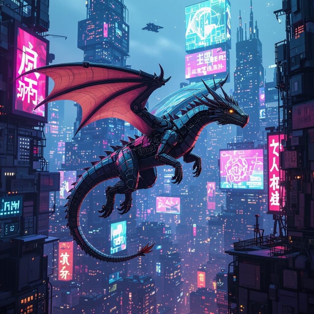 Robotic Dragon Soars Through Neon Cityscape