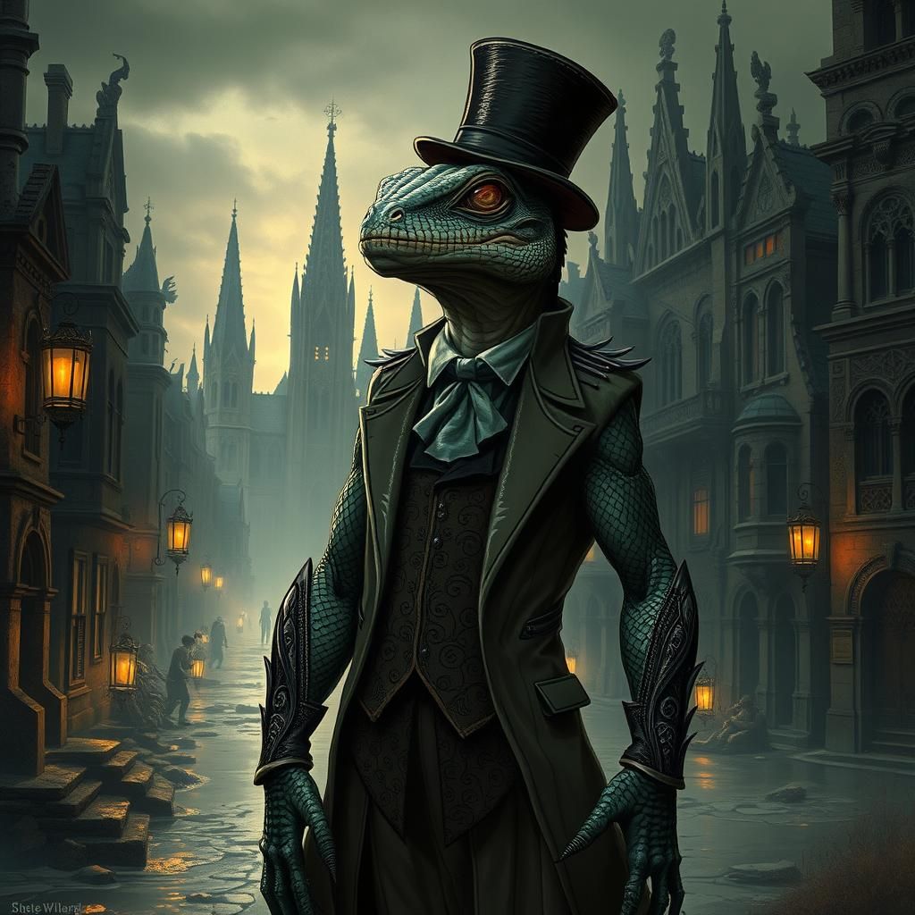 Elegant Lizardman in Dystopian Cityscape