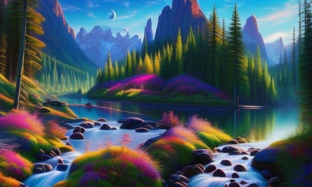 Hyperrealistic Wonderland Painting with Lush Greenery