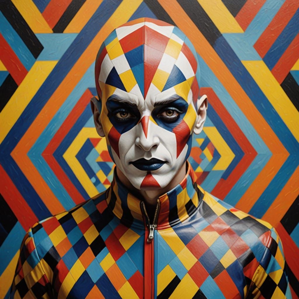 Harlequin Figure in Hypnotic Geometric Maze