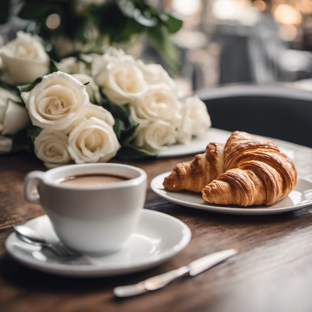 Coffee, Croissant, and Roses in Cafe: Photo