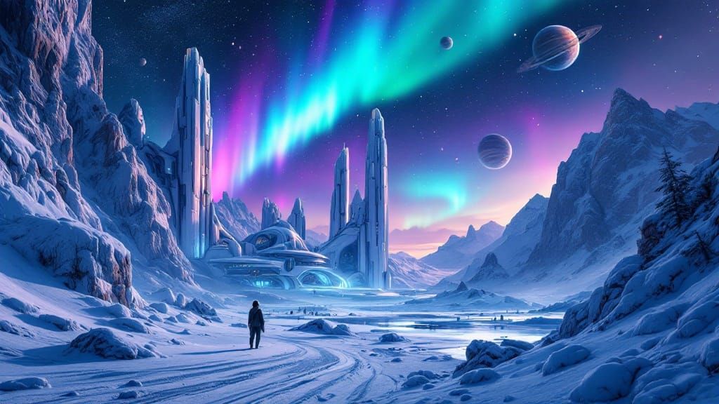 Futuristic Winter City Under Aurora Borealis