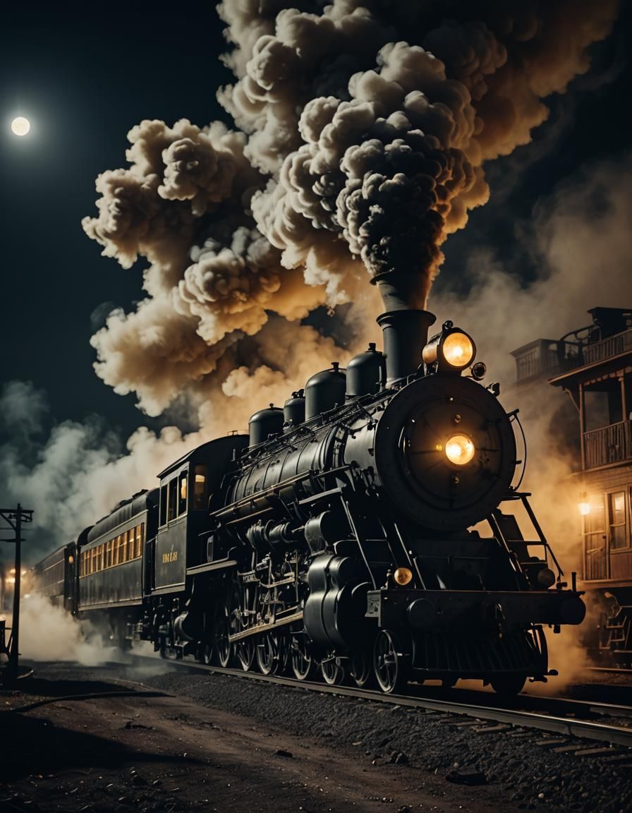 Ghost Steam Train Under Moonlight: Cinematic Film Still