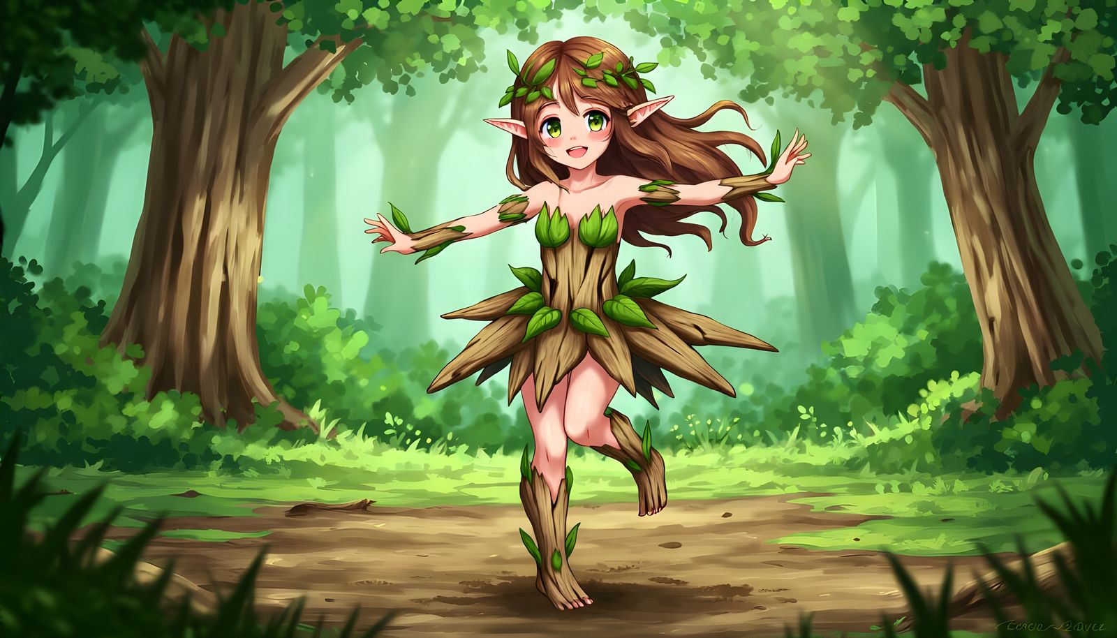 Anime-Style Portrait of a Dancing Wood Dryad