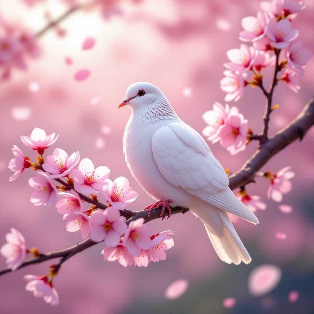 White Dove on Japanese Cherry Tree Branch in 3D Anime Style
