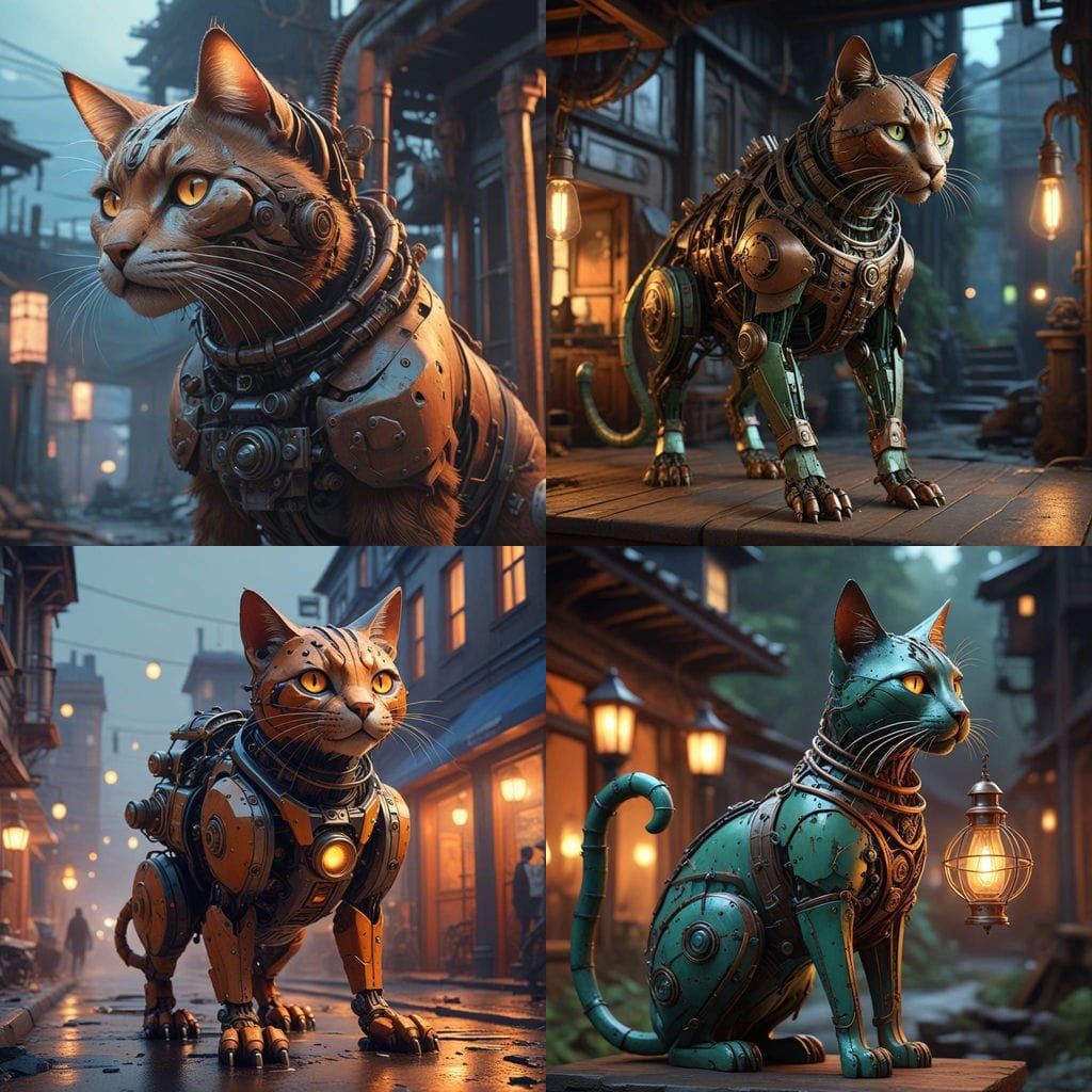 Steampunk Cat Sculpture in Rusty Iron and Vibrant Lights