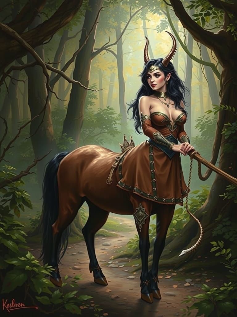 Majestic Female Centaur in Whimsical Oil Painting