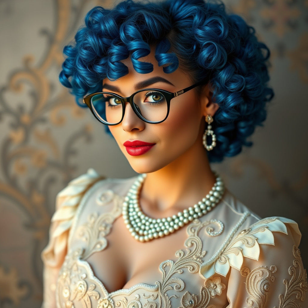 Ornate Dress and Blue Curls: A Vision of Beauty