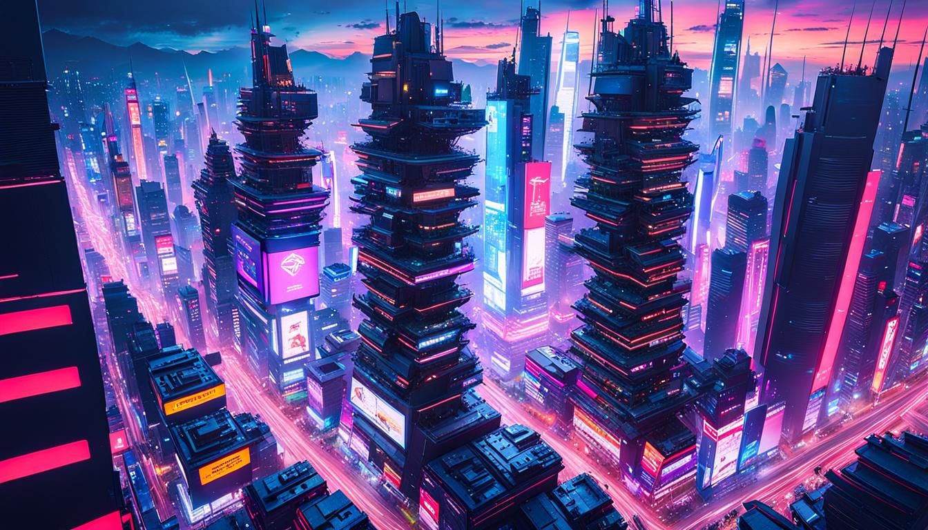 Cyberpunk Cityscape Merging Nature, Anime Style