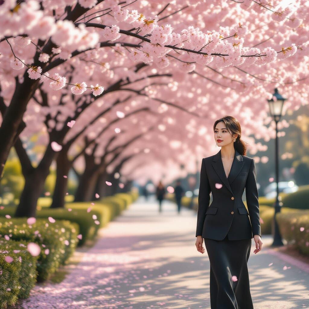 Chinese Businesswoman in Cherry Blossom Park