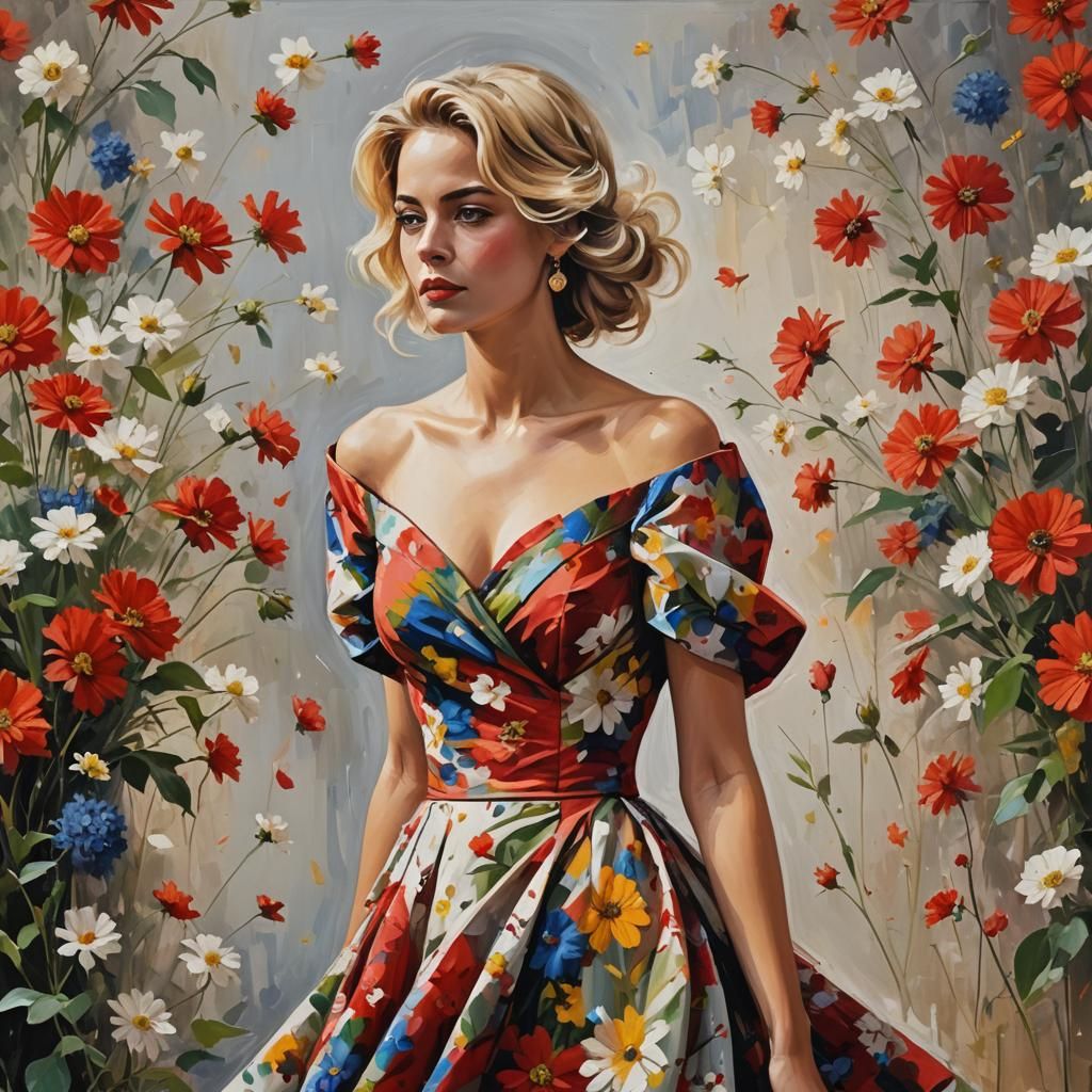 Beautiful Blonde Girl in Floral Dress, Digital Art