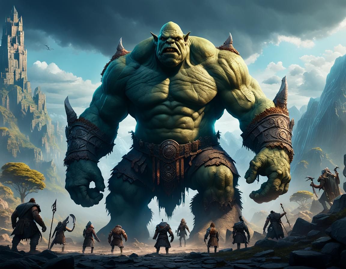Seven Heroes Face a Giant Ogre, Digital Art