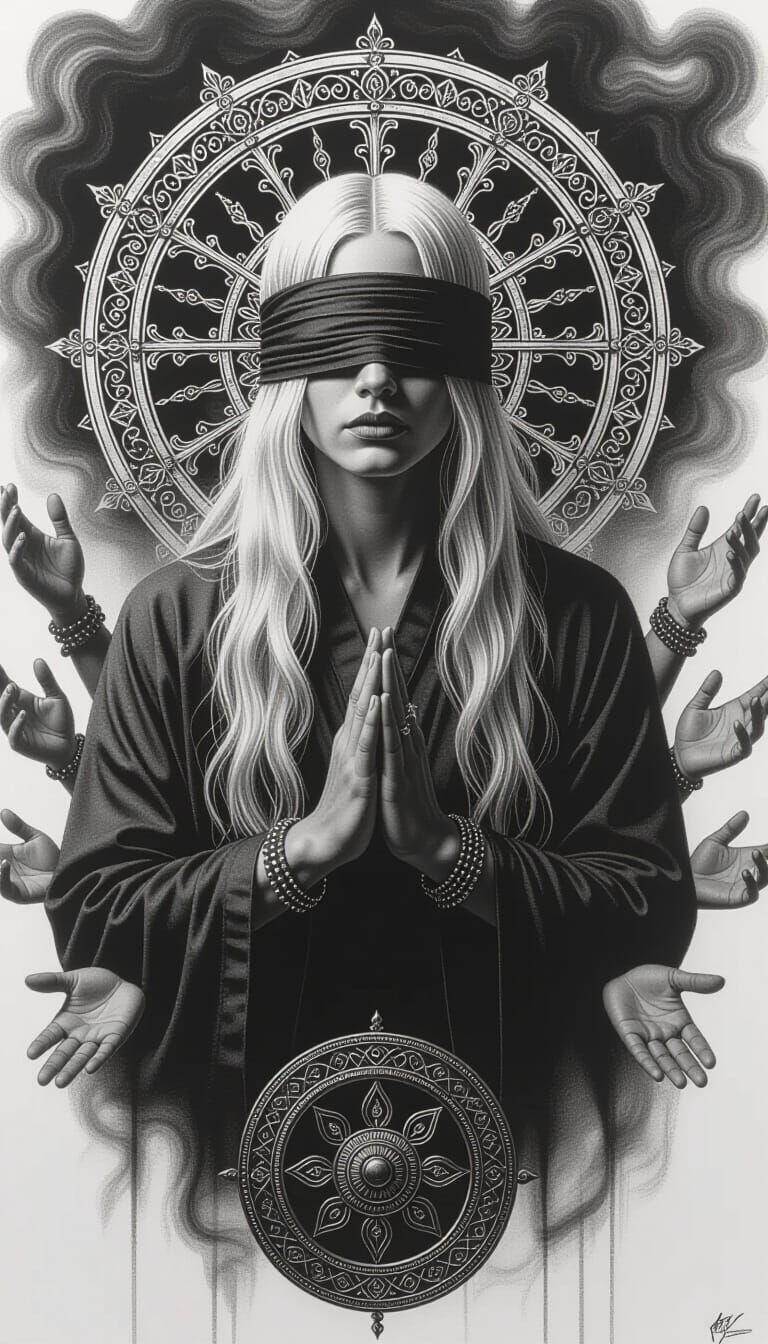 Detailed Charcoal Figure with Blindfold and Mudras