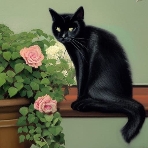Black Cat Amongst Roses, an Oil Painting