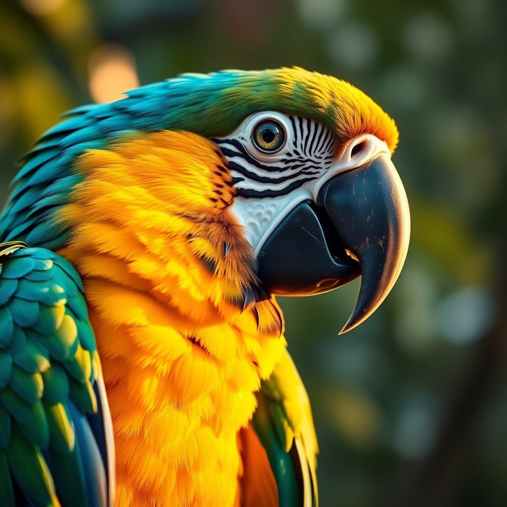 Vibrant Macaw Parrot Close Up Portrait in Golden Hour Light