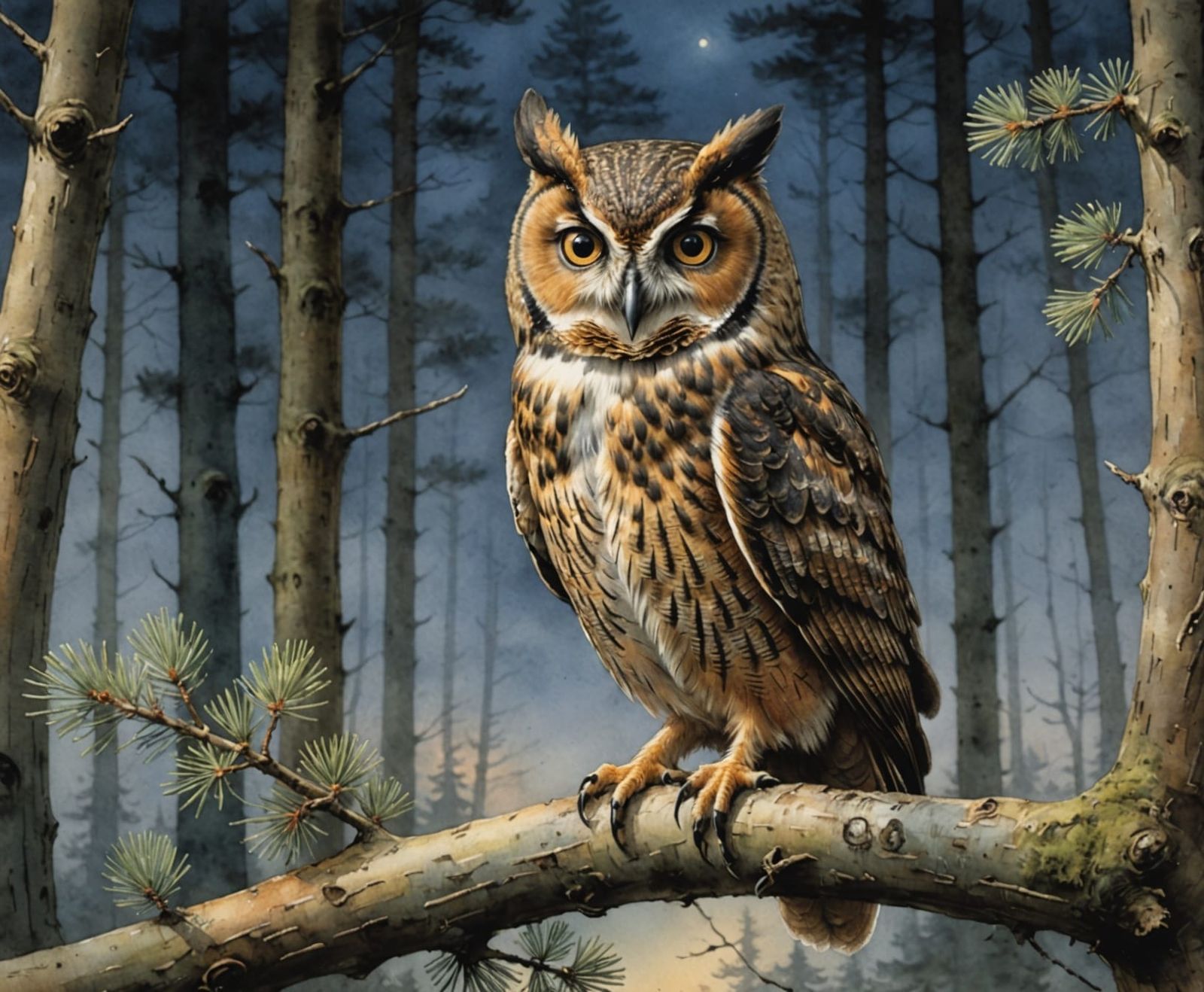 Masterpiece Watercolour Owl Painting in Twilight Woodland