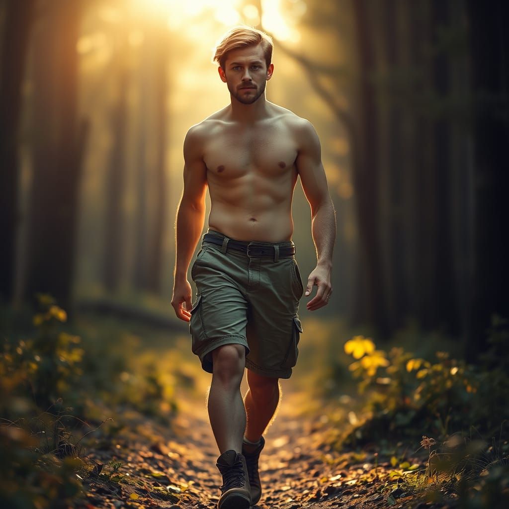 Rugged Beefcake Strides Through Sun-Dappled Forest