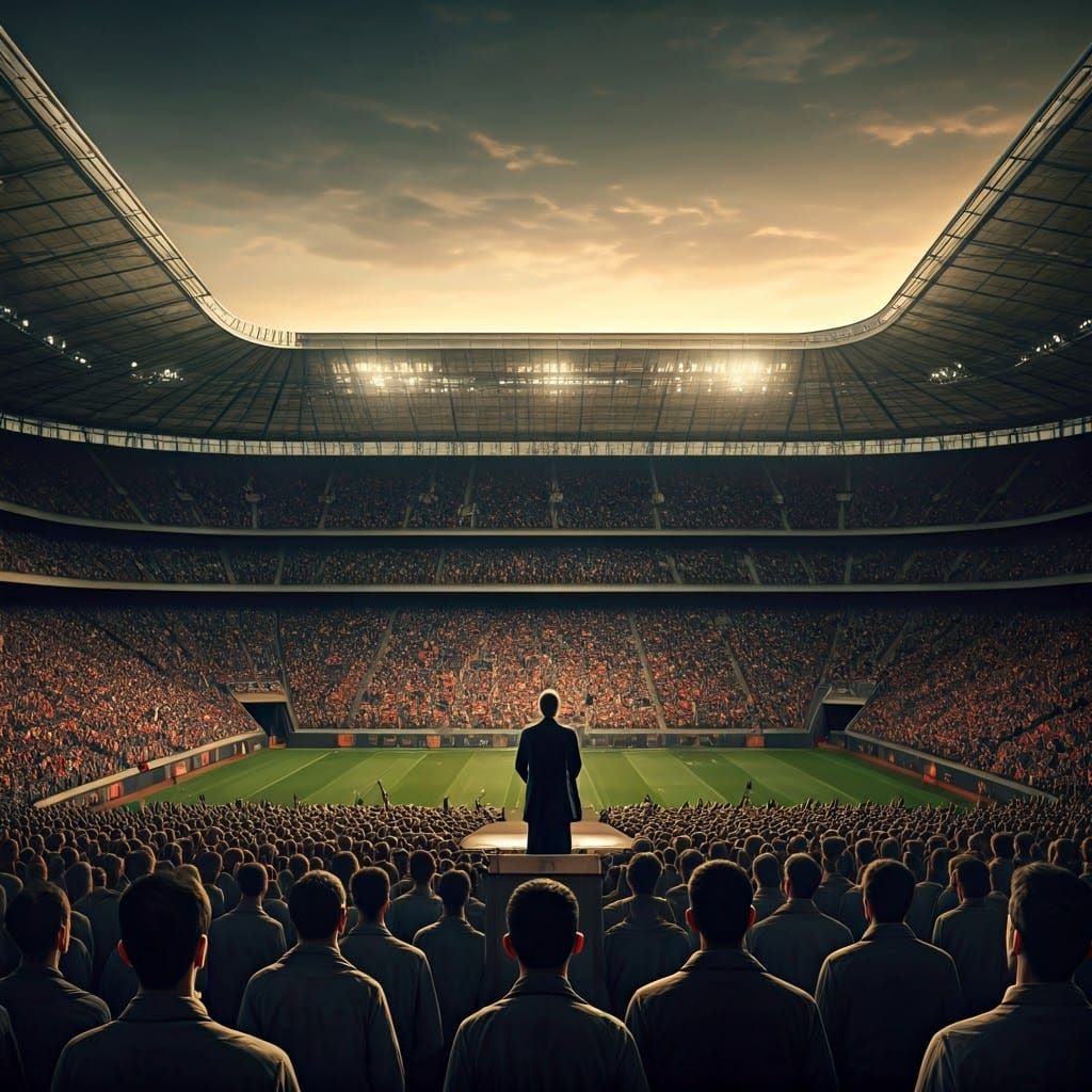 Charismatic Figure Addresses Crowd in Cinematic Style