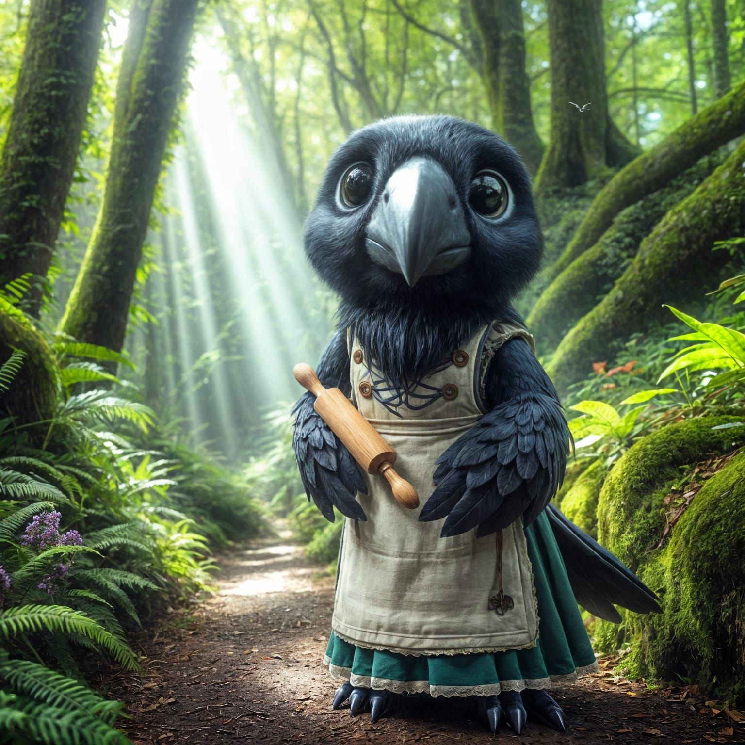 Whimsical Crow Baker Stroll in Enchanted Forest