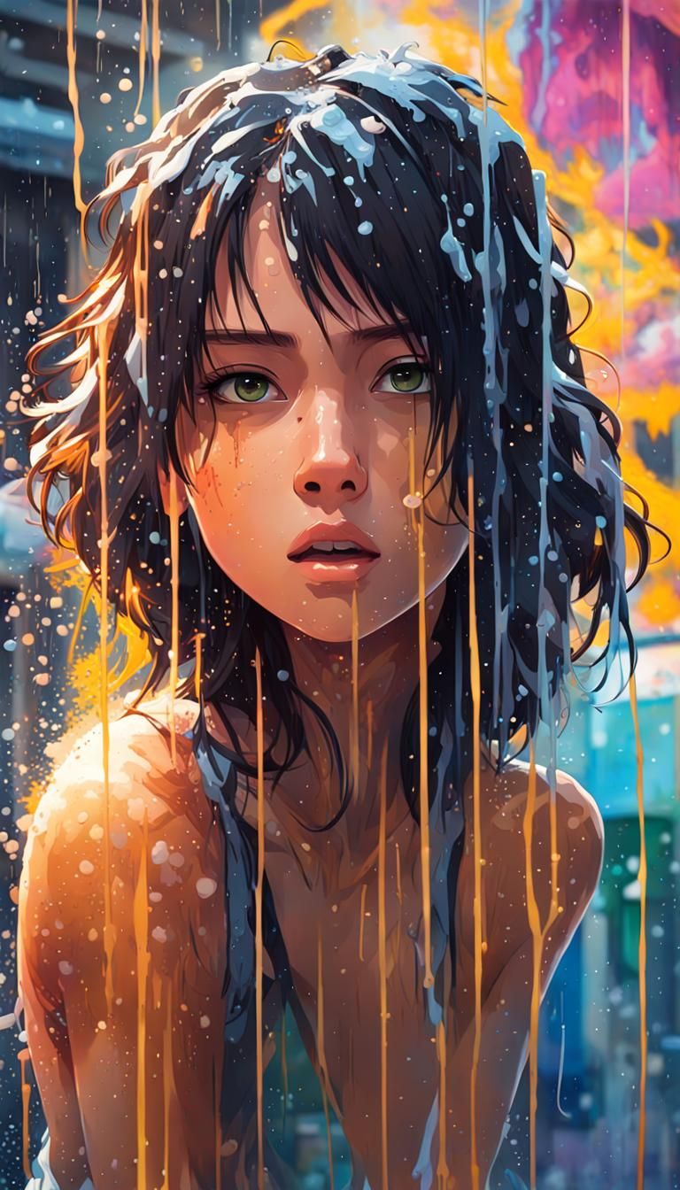 Exotic Beauty in Shower: Graffiti Art Style