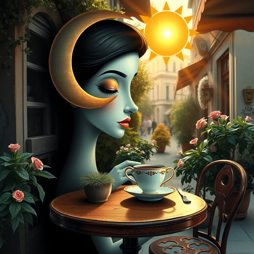 Moon Sun Face Sipping Coffee in Paris