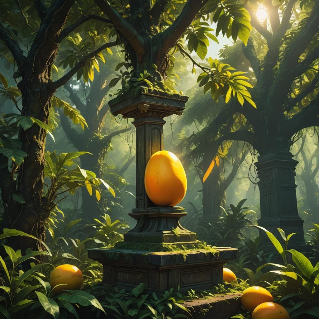 Glowing Mango on Ancient Pedestal: Fantasy Art