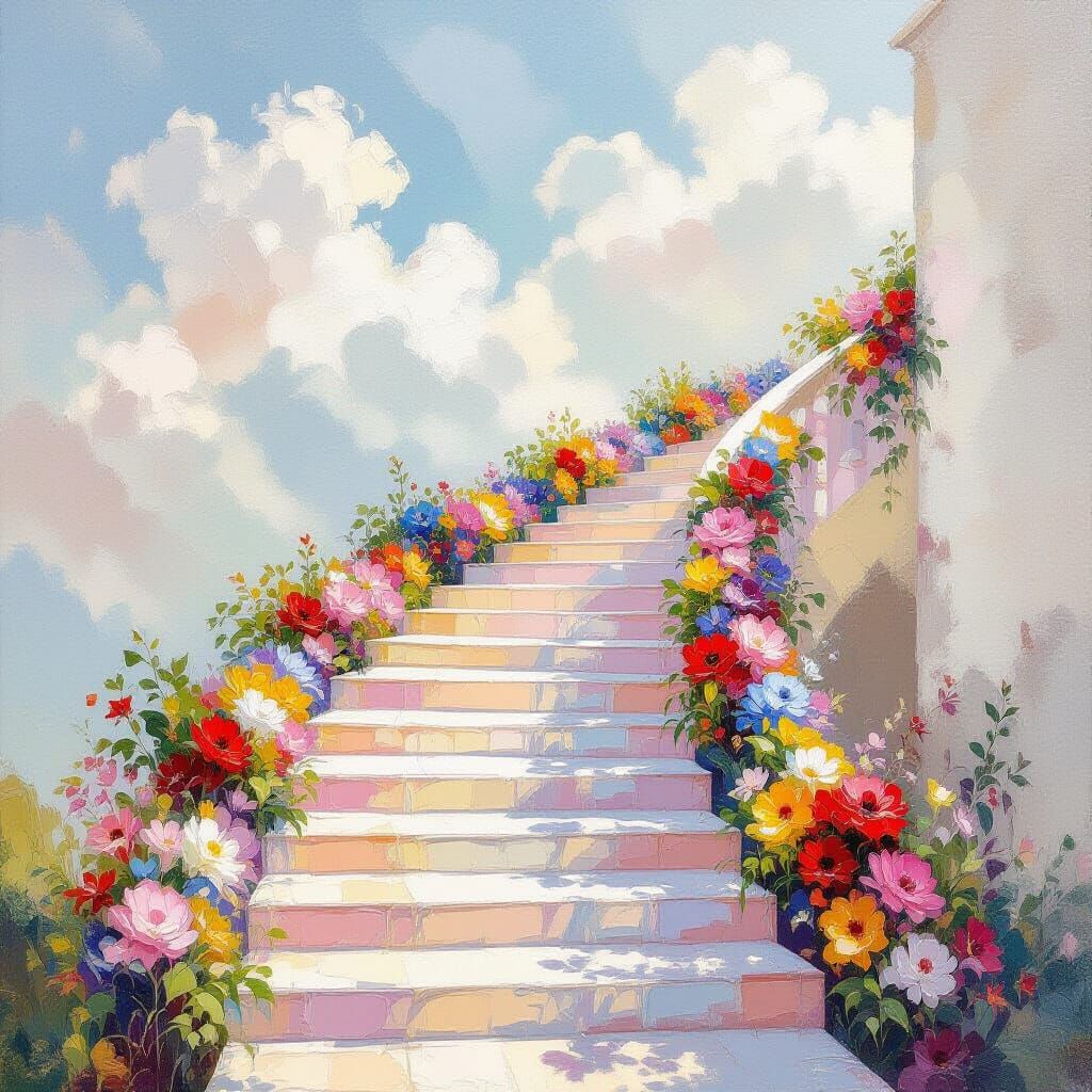 Elegant Stairs Ascend to Sky: An Oil Painting